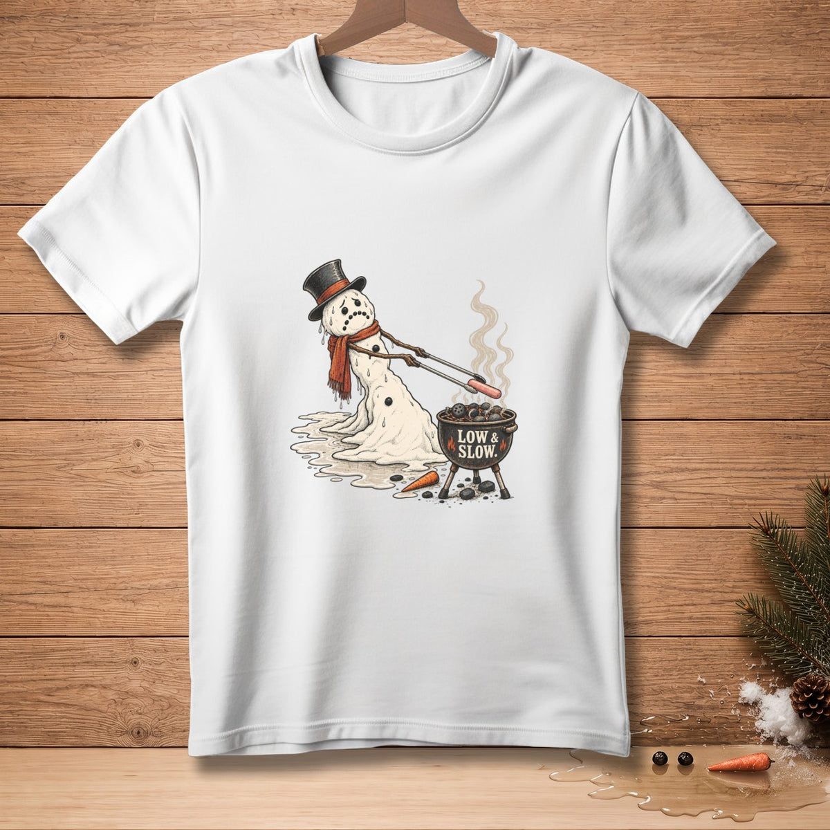 Melting snowman with top hat and scarf grilling, text "LOW & SLOW".