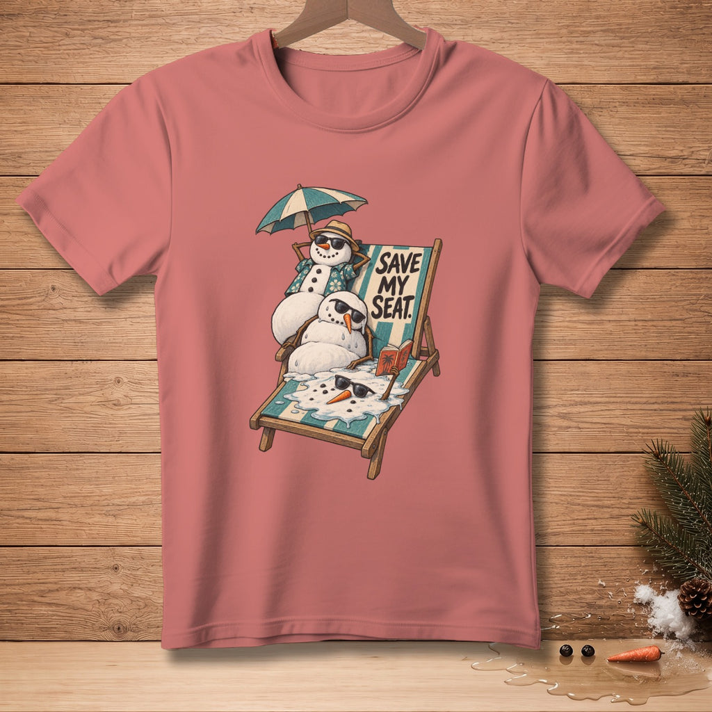 Snowmen on a beach chair with text "SAVE MY SEAT".