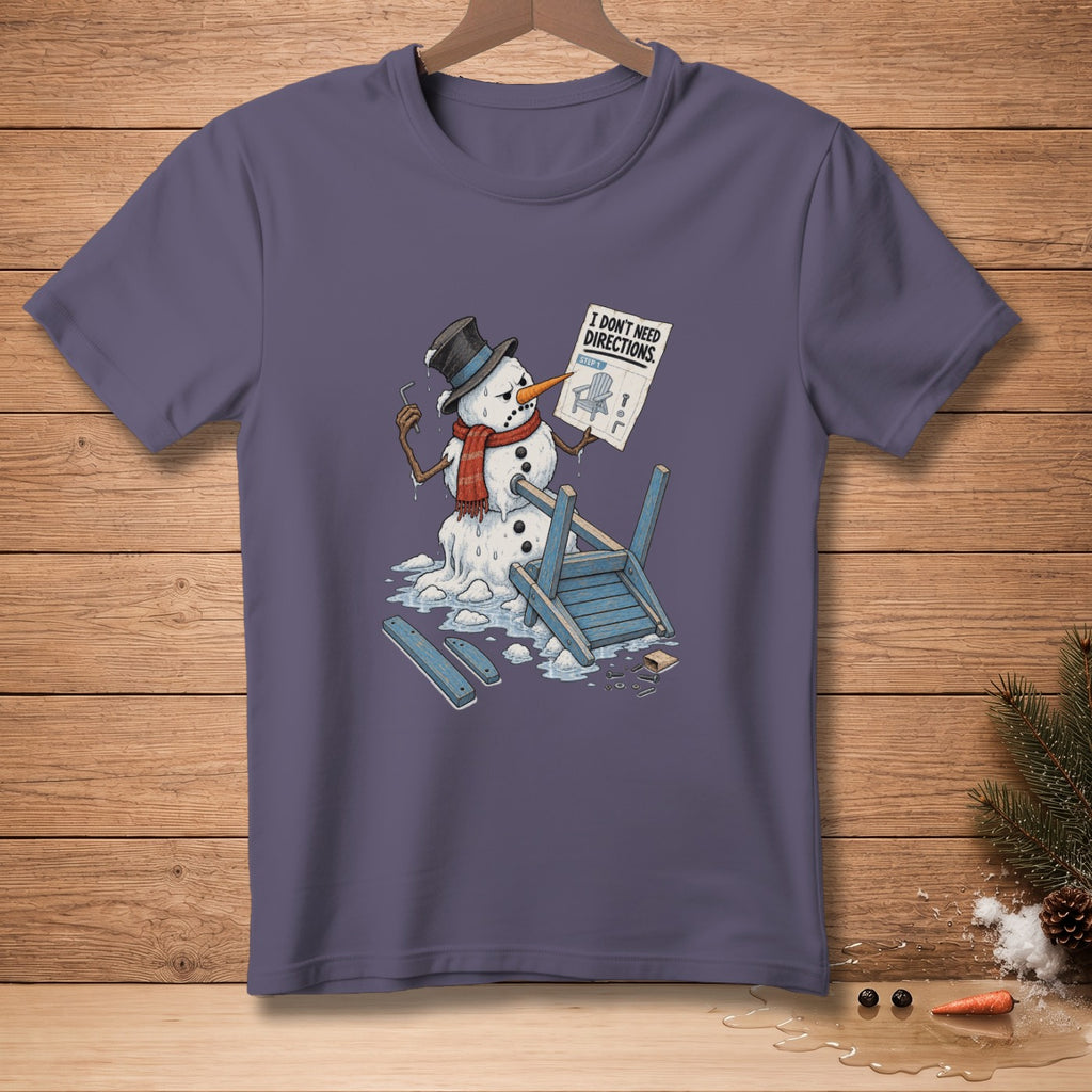 Snowman assembling a chair with instructions that read "I DON'T NEED DIRECTIONS."