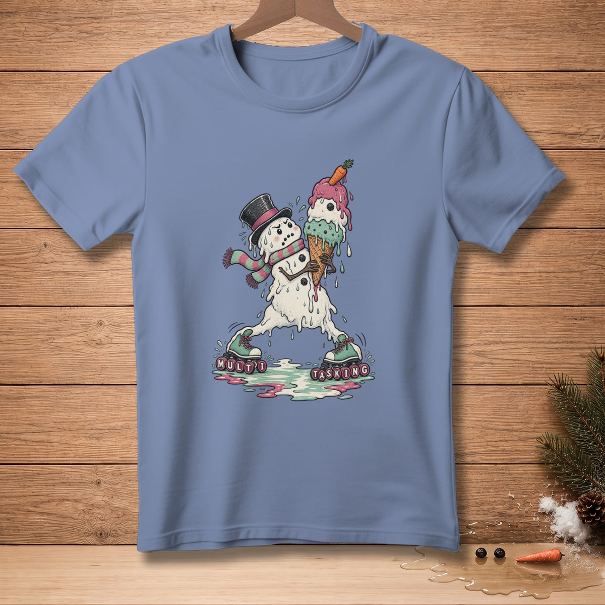 Melting snowman in a top hat and scarf holding ice cream, rollerblading on "MULTITASKING" text.
