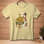 Snowman eating nachos with "Add Jalapeños" text, on a light yellow t-shirt.
