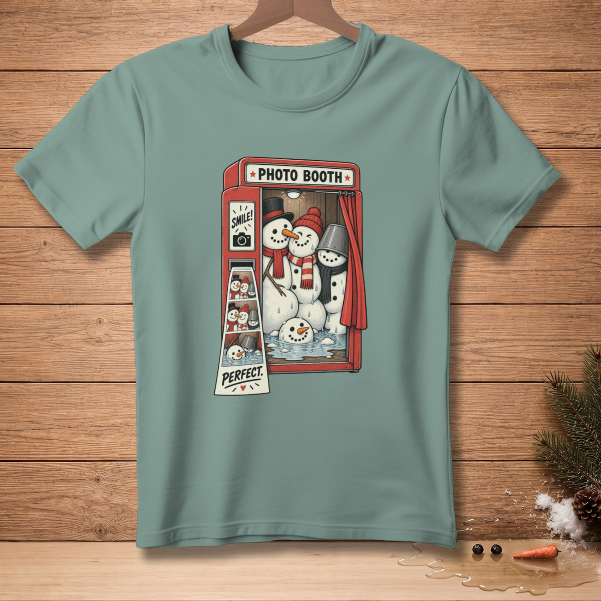Snowmen in a photo booth with "PHOTO BOOTH", "SMILE!", and "PERFECT." text.