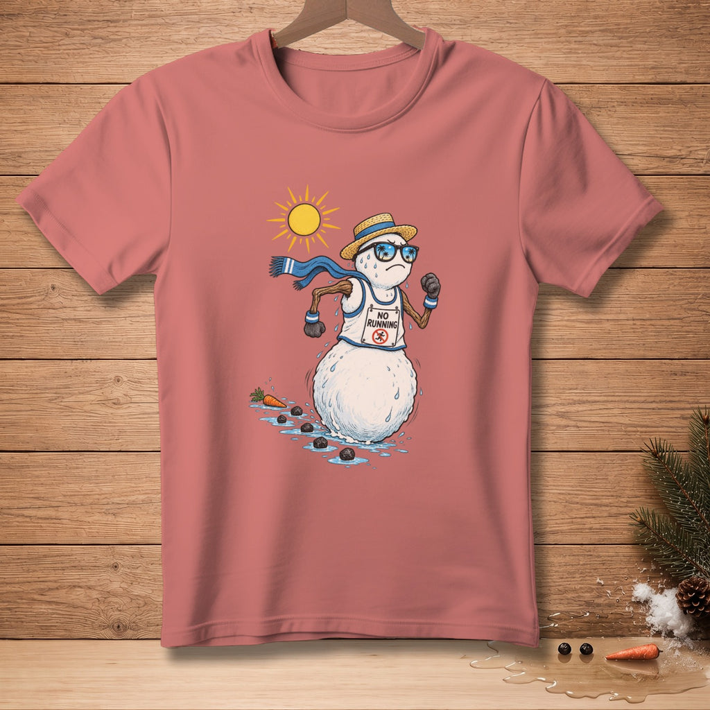 Snowman running in the sun with a "No Running" sign and melting puddles.