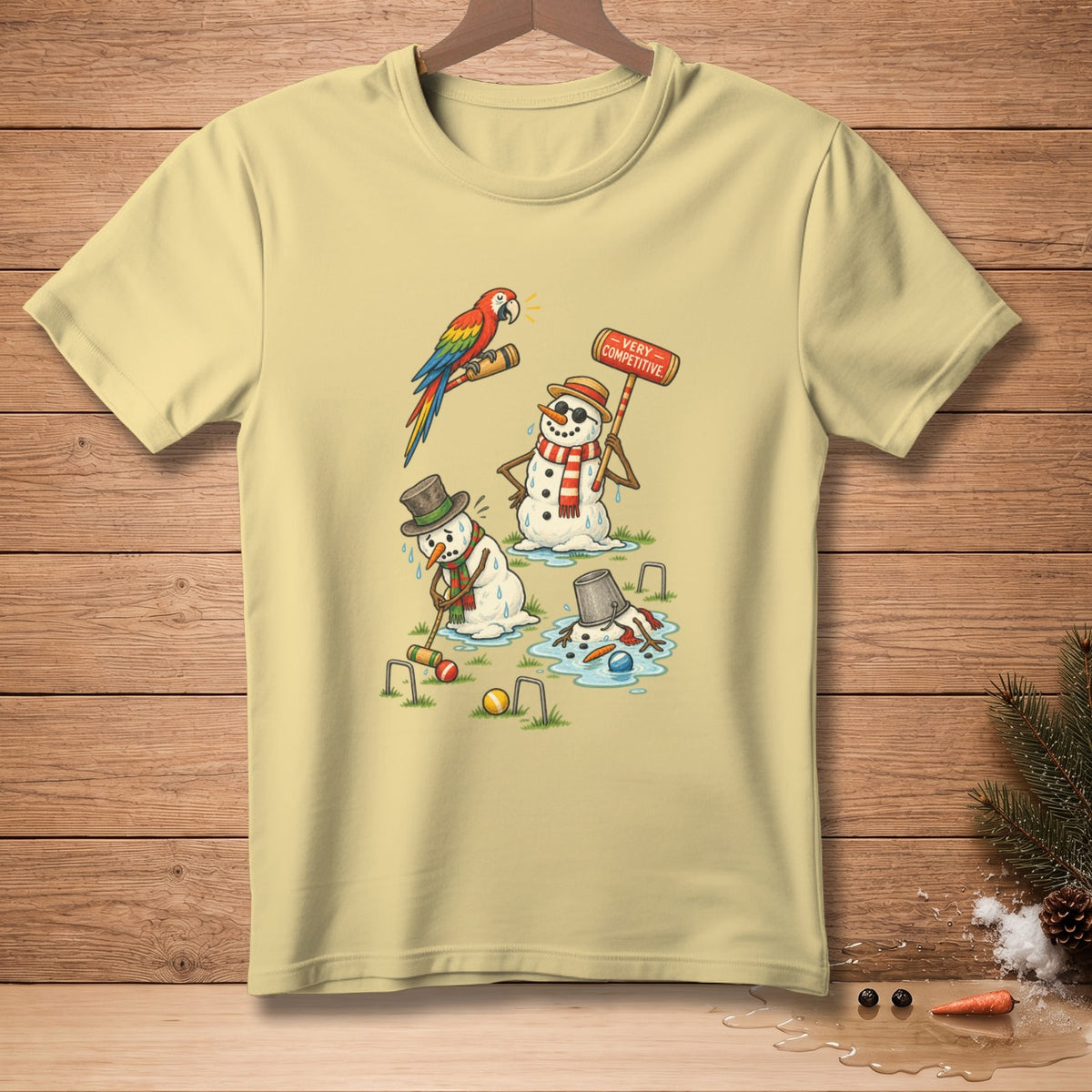 Snowmen playing croquet melt in the sun while a parrot watches; one holds a "Very Competitive" sign.