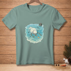 Snowman with snorkel and mask swimming underwater with fish and bucket.