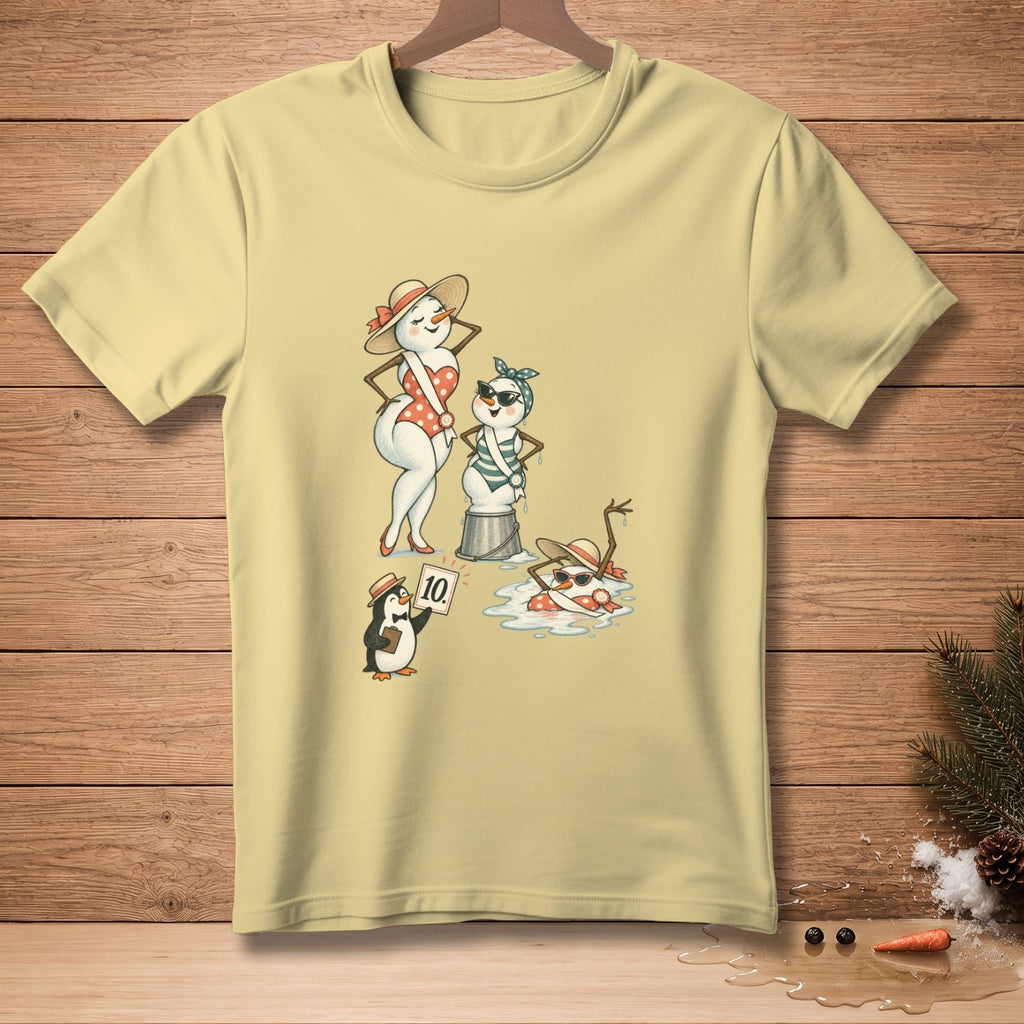 Three snowmen in swimsuits, a penguin holding a "10" sign, on a yellow t-shirt.