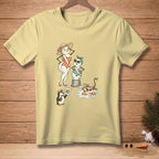 Three snowmen in swimsuits, a penguin holding a "10" sign, on a yellow t-shirt.