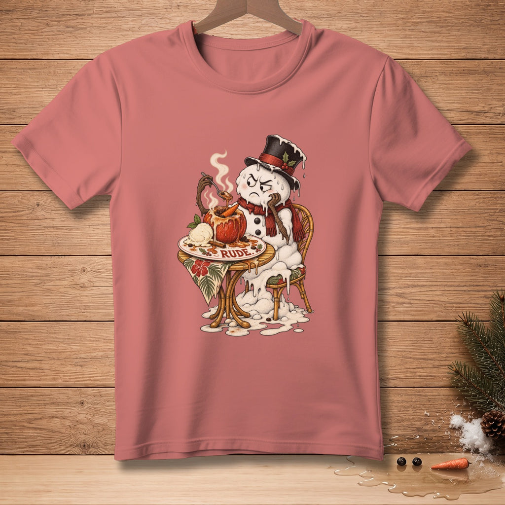 Illustration of a melting snowman sitting at a table with the word "RUDE" printed on a napkin.
