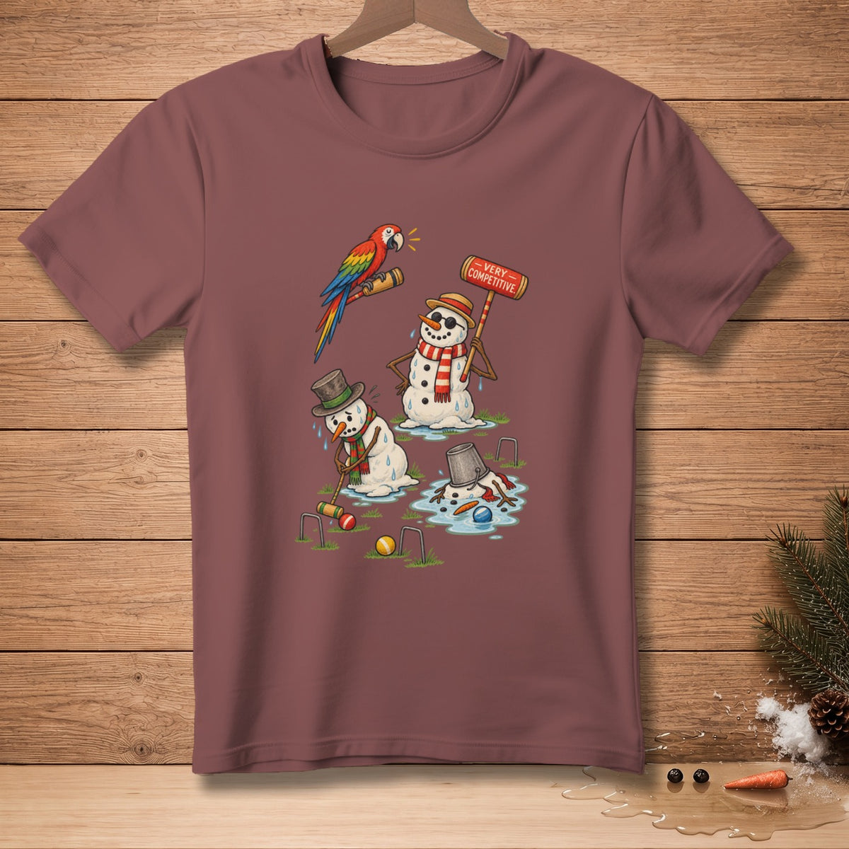 Snowmen melting and playing croquet with a parrot watching.