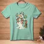 Melting snowman in Hawaiian shirt plays maracas with parrot and text "Feel the Rhythm."