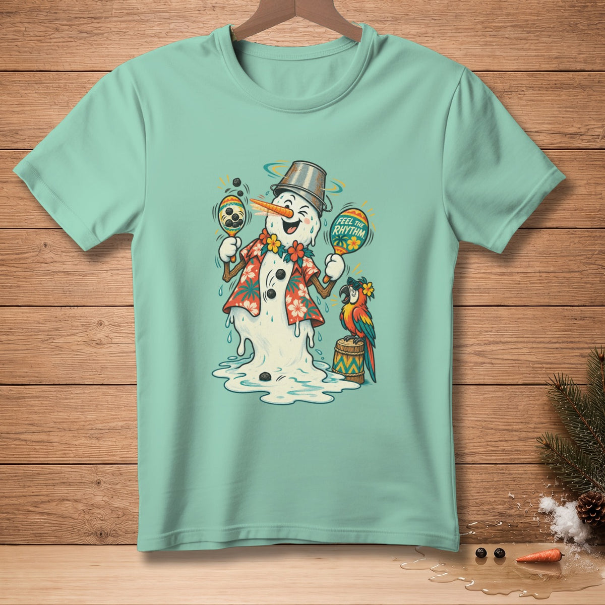 Melting snowman in Hawaiian shirt plays maracas with parrot and text "Feel the Rhythm."