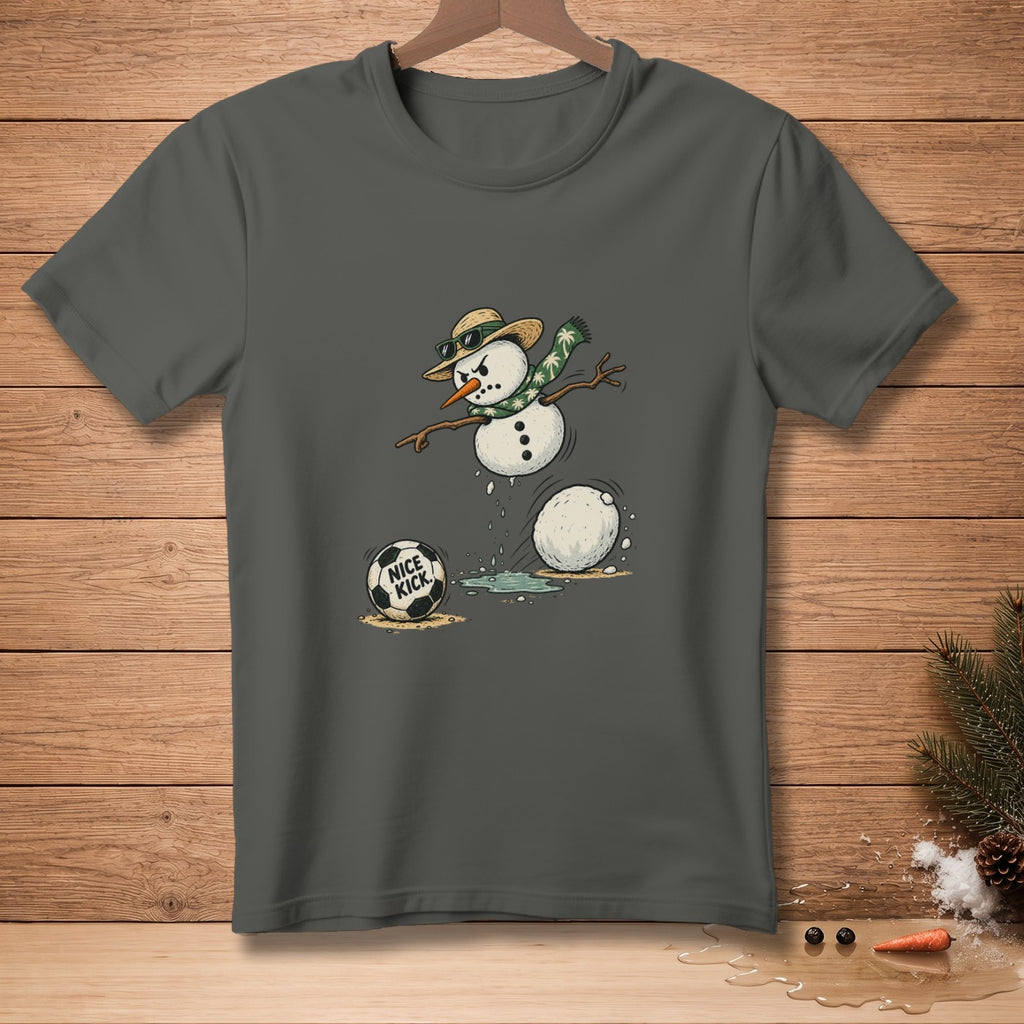 Snowman wearing sunglasses and scarf kicking a soccer ball labeled "Nice Kick".