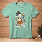 Melting snowman wearing a top hat eats paella from a bowl, holding a fan.