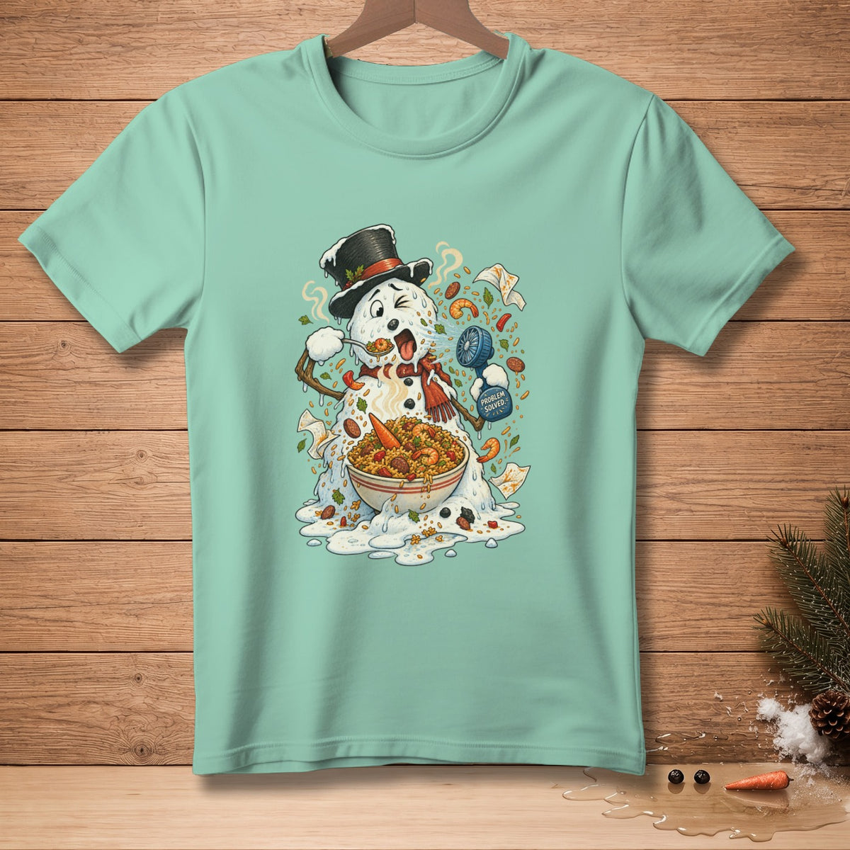 Melting snowman wearing a top hat eats paella from a bowl, holding a fan.