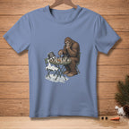 Bigfoot plays chess on a table with a snowman melting beside him.