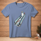 Snowman on escalator with suitcase and drink, on a light blue t-shirt.