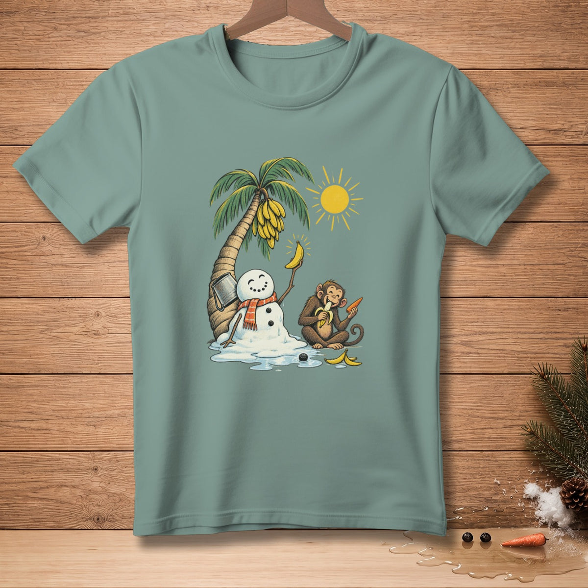 Melting snowman in scarf under palm tree with monkey eating banana and carrot.