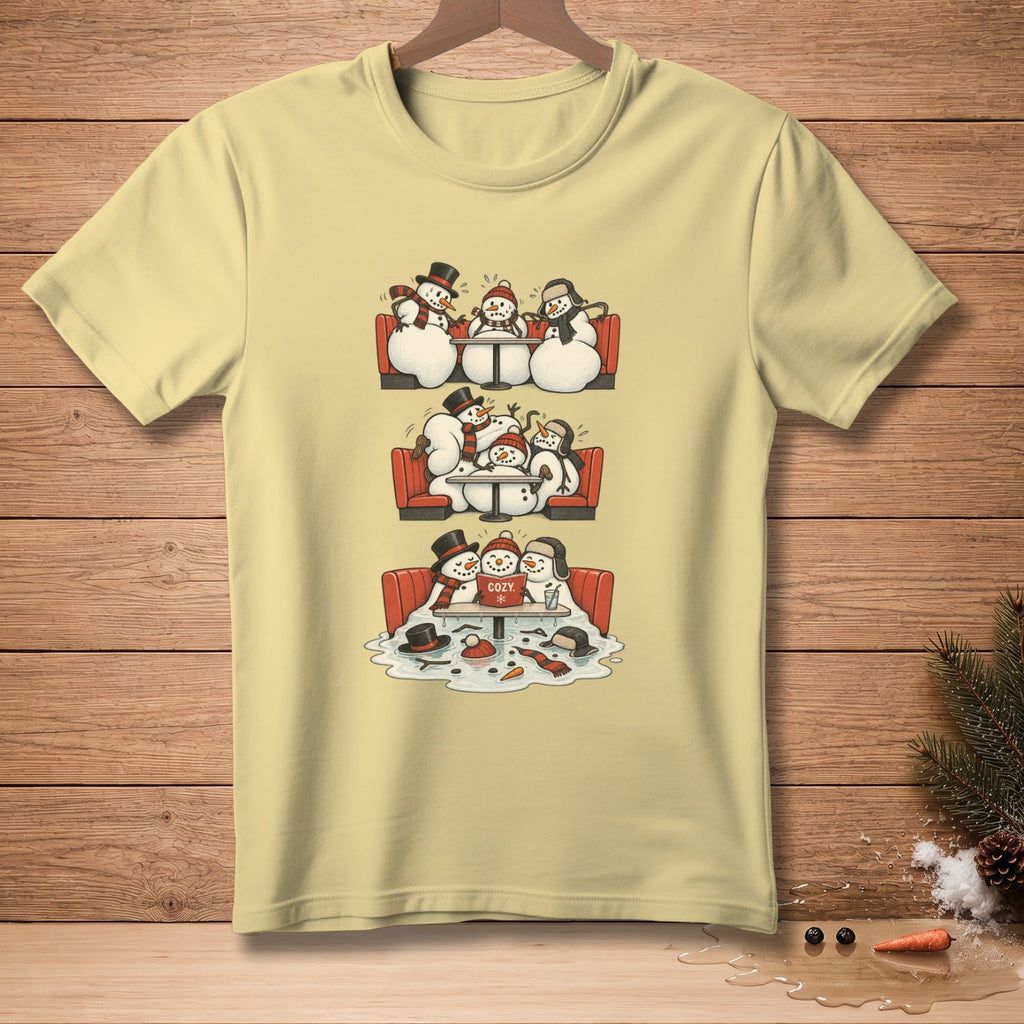Three scenes of snowmen enjoying time together, one melts into a puddle.