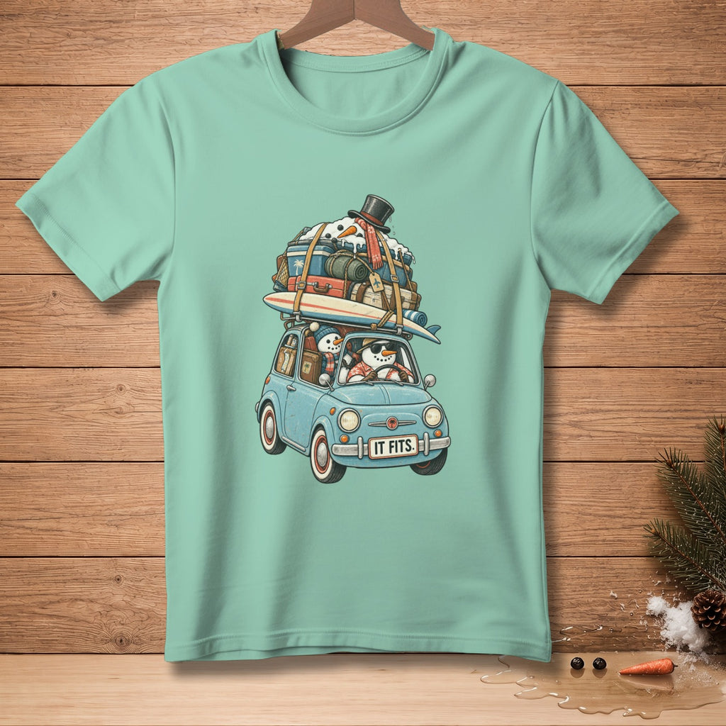 Snowmen in a car overloaded with luggage and a surfboard, saying "IT FITS."