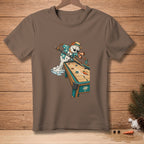 Snowman playing shuffleboard with text "LET IT RIDE".