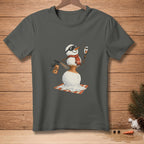 Melting snowman spraying himself with "Sun-Kissed" spray, holding a mirror.