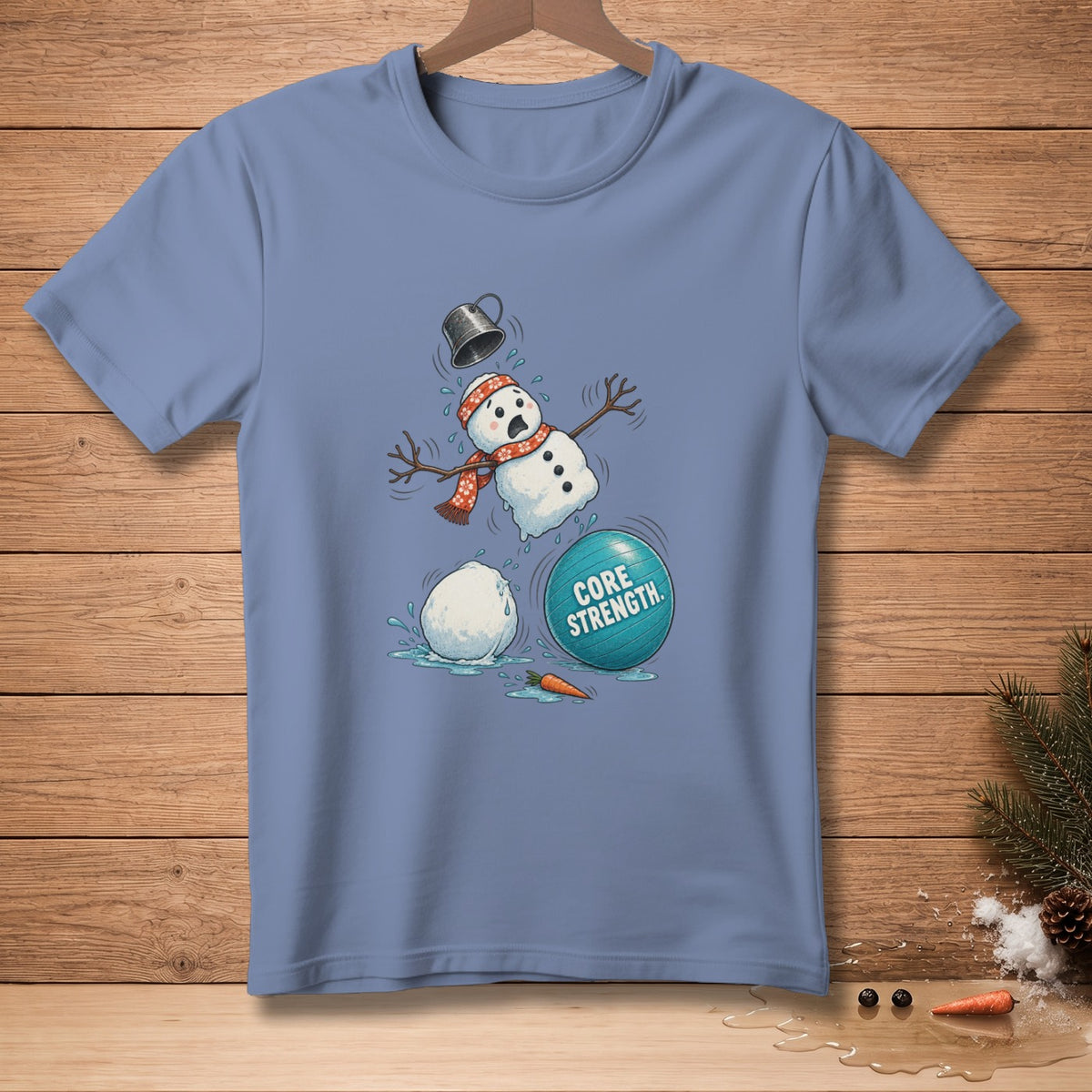 Melting snowman with a bucket, scarf, and a fitness ball that says "CORE STRENGTH".
