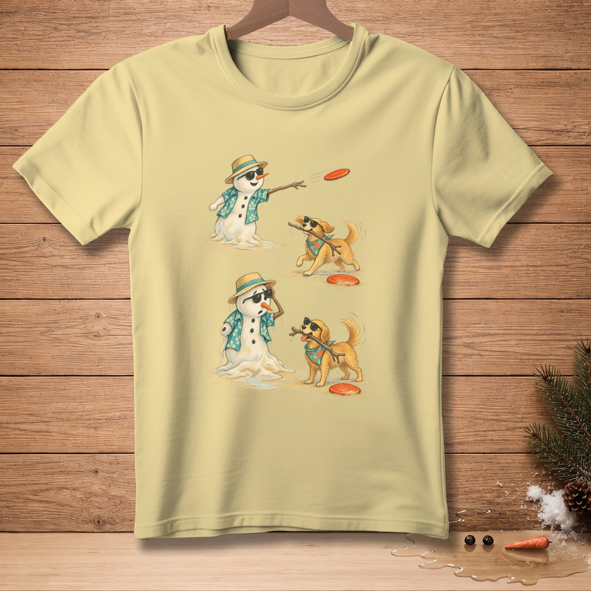 Melting snowmen in Hawaiian shirts and sunglasses play frisbee with dogs.