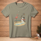 Melting snowman playing badminton with a flamingo on a beach.