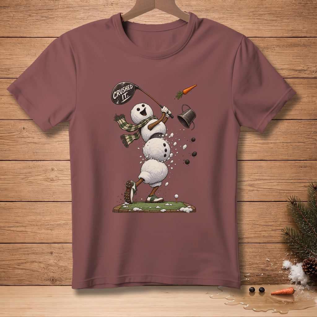 Snowman golfer swinging club with "Crushed It" text, carrot, and bucket.