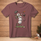 Snowman golfer swinging club with "Crushed It" text, carrot, and bucket.