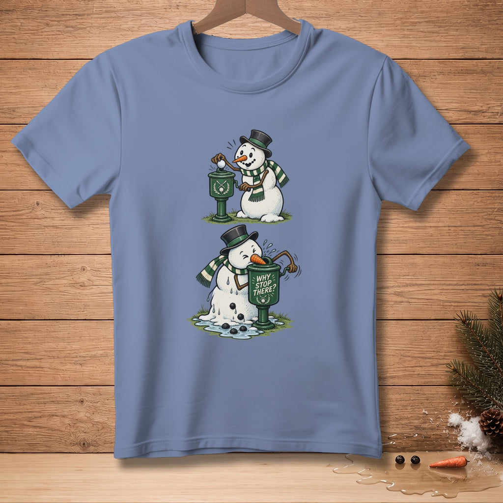 Two snowmen interacting with a golf course water dispenser, one putting a ball in, the other melting while drinking.