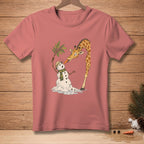 Giraffe feeds carrot to melting snowman wearing hat and scarf.