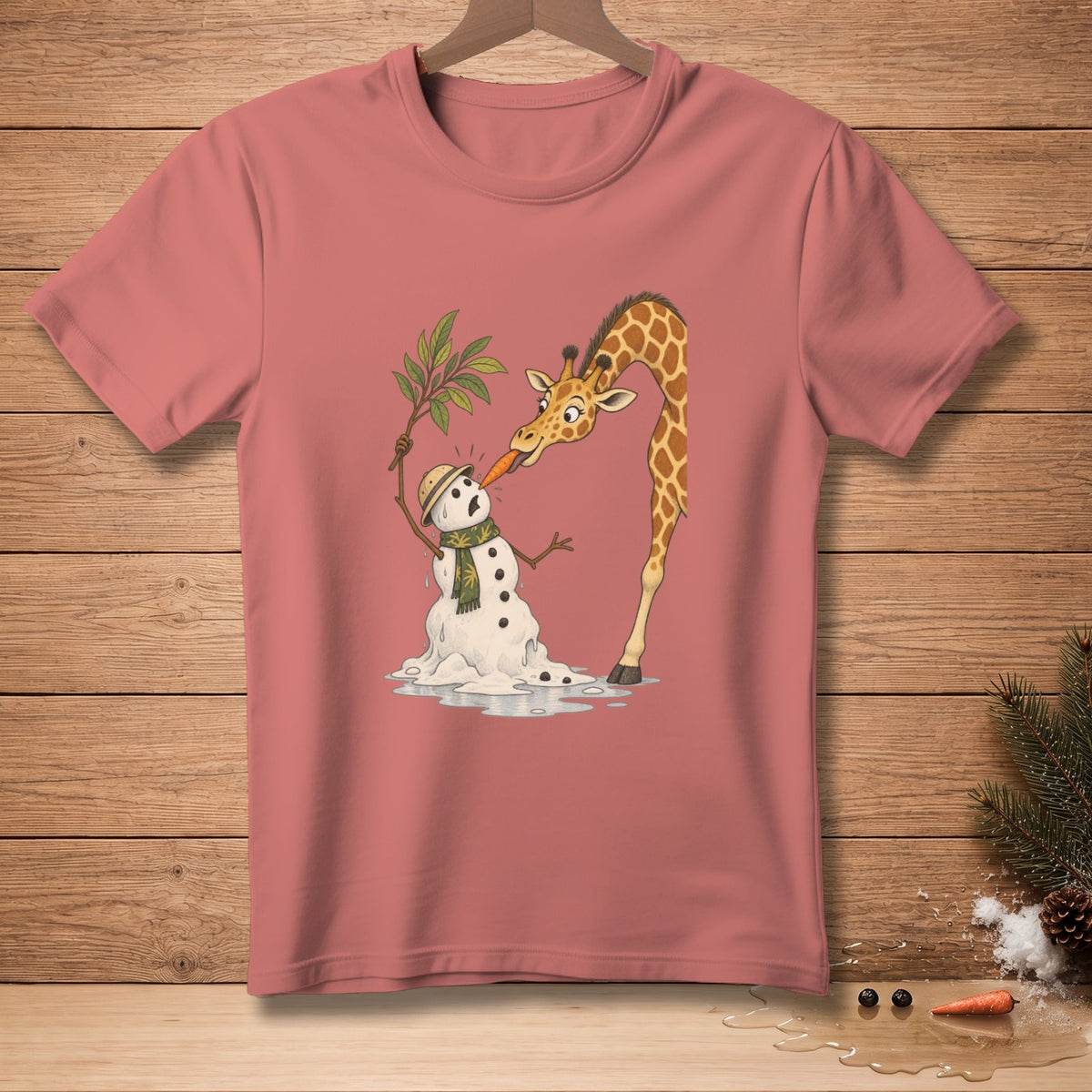 Giraffe feeds carrot to melting snowman wearing hat and scarf.