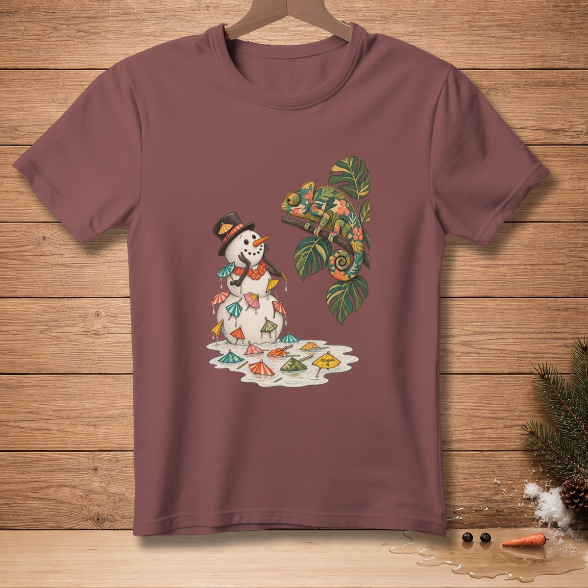 Melting snowman with cocktail umbrellas and a chameleon on a branch.