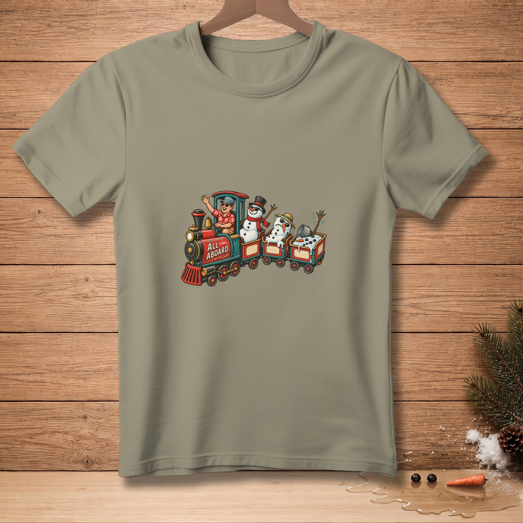 T-shirt with a cartoon train graphic featuring snowmen and the text "ALL ABOARD."