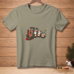 T-shirt with a cartoon train graphic featuring snowmen and the text "ALL ABOARD."