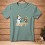 Melting snowman with a dog wearing a Hawaiian shirt, beach scene.