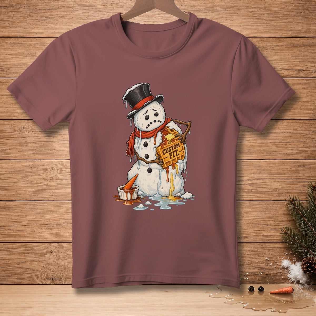 Melting snowman wearing a top hat and scarf, holding a waffle that says "CUSTOM FIT".