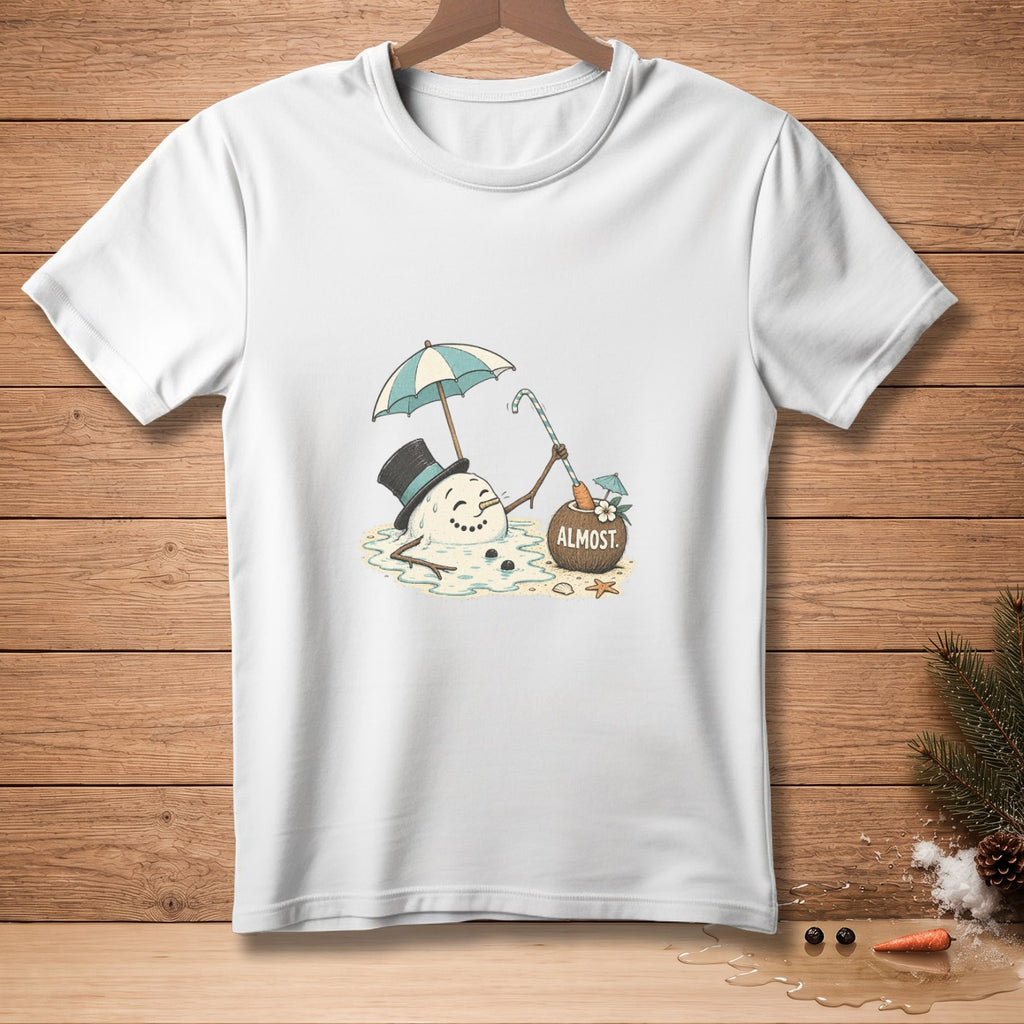 Melting snowman under umbrella with "ALMOST" text on coconut drink.