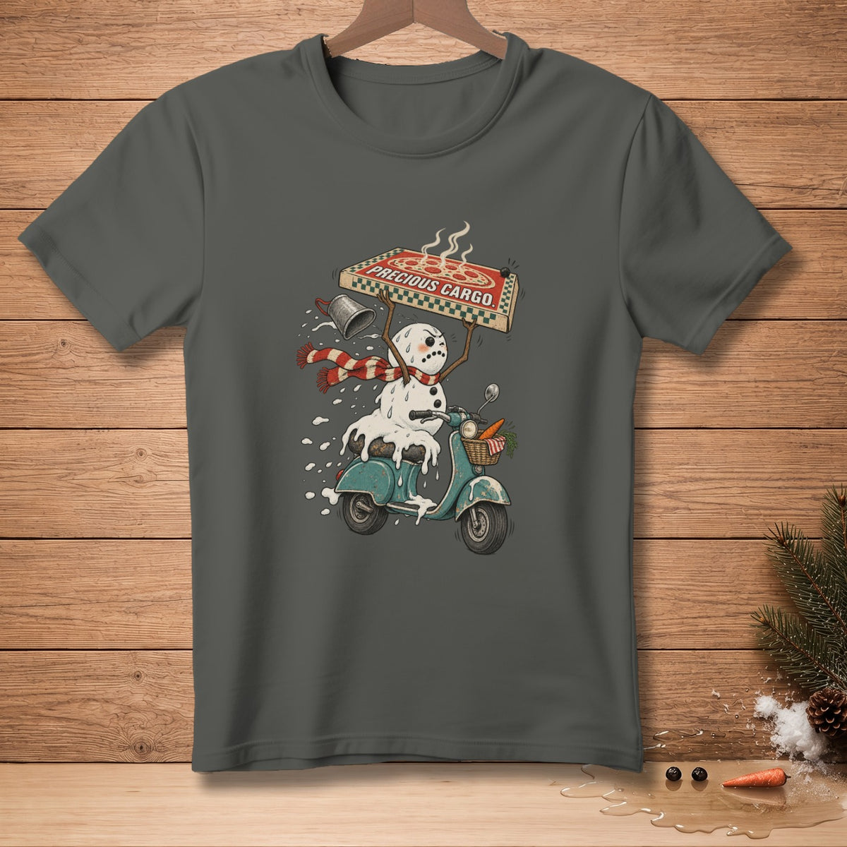 Melting snowman on a scooter carrying pizza labeled "Precious Cargo".