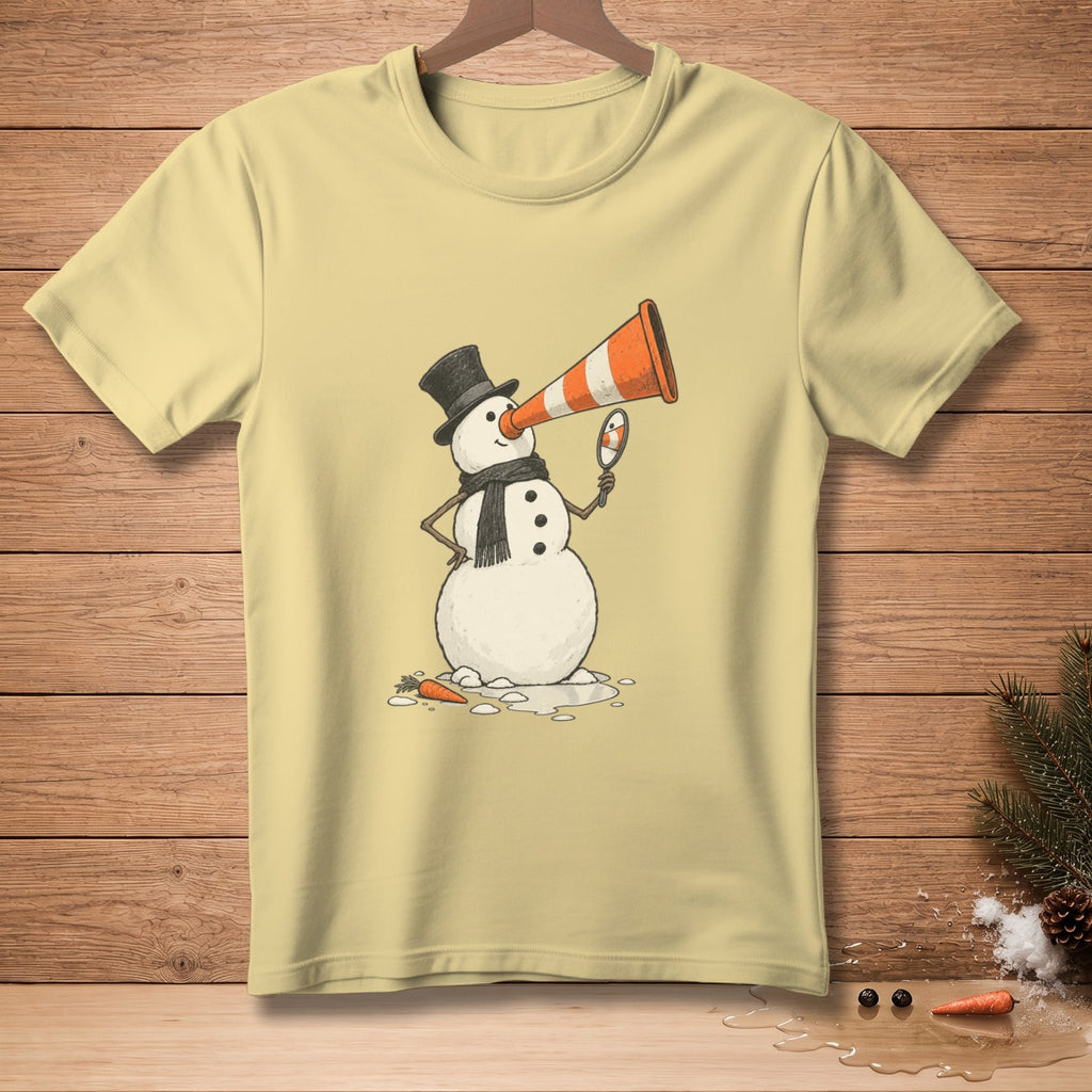 Yellow t-shirt with a cartoon snowman wearing a top hat and scarf, holding a megaphone and a mirror.