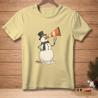 Yellow t-shirt with a cartoon snowman wearing a top hat and scarf, holding a megaphone and a mirror.