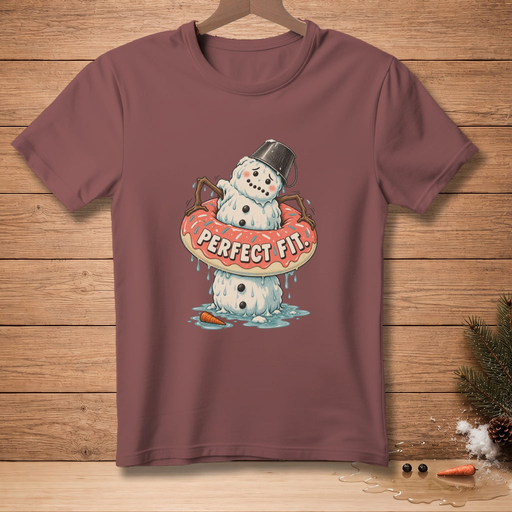 T-shirt graphic of a melting snowman in a donut with text "PERFECT FIT".