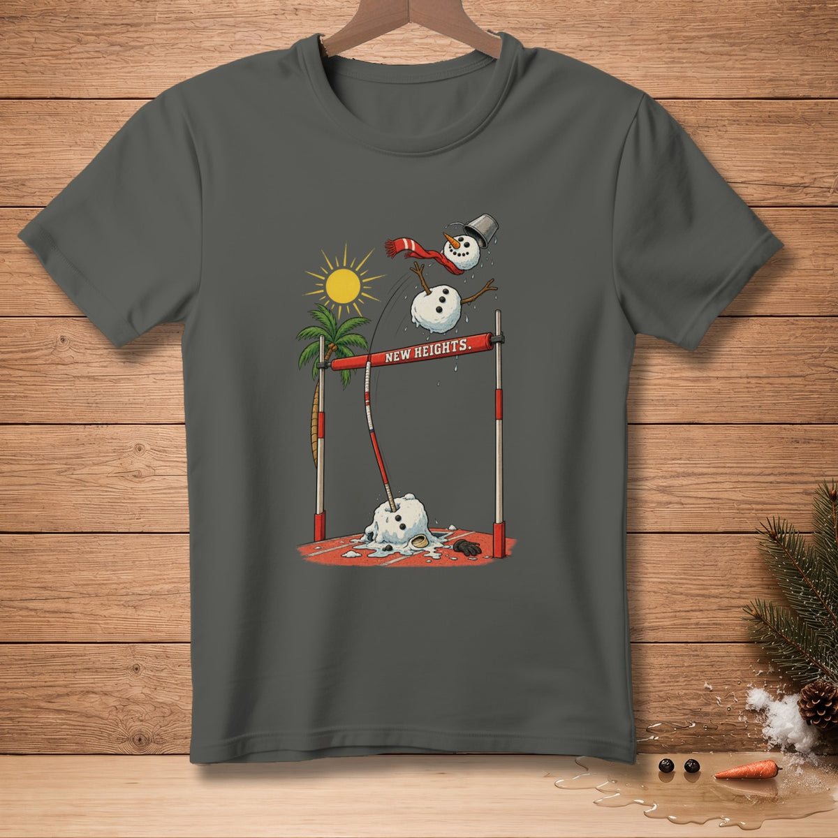 Melting snowman jumping over bar labeled "New Heights".