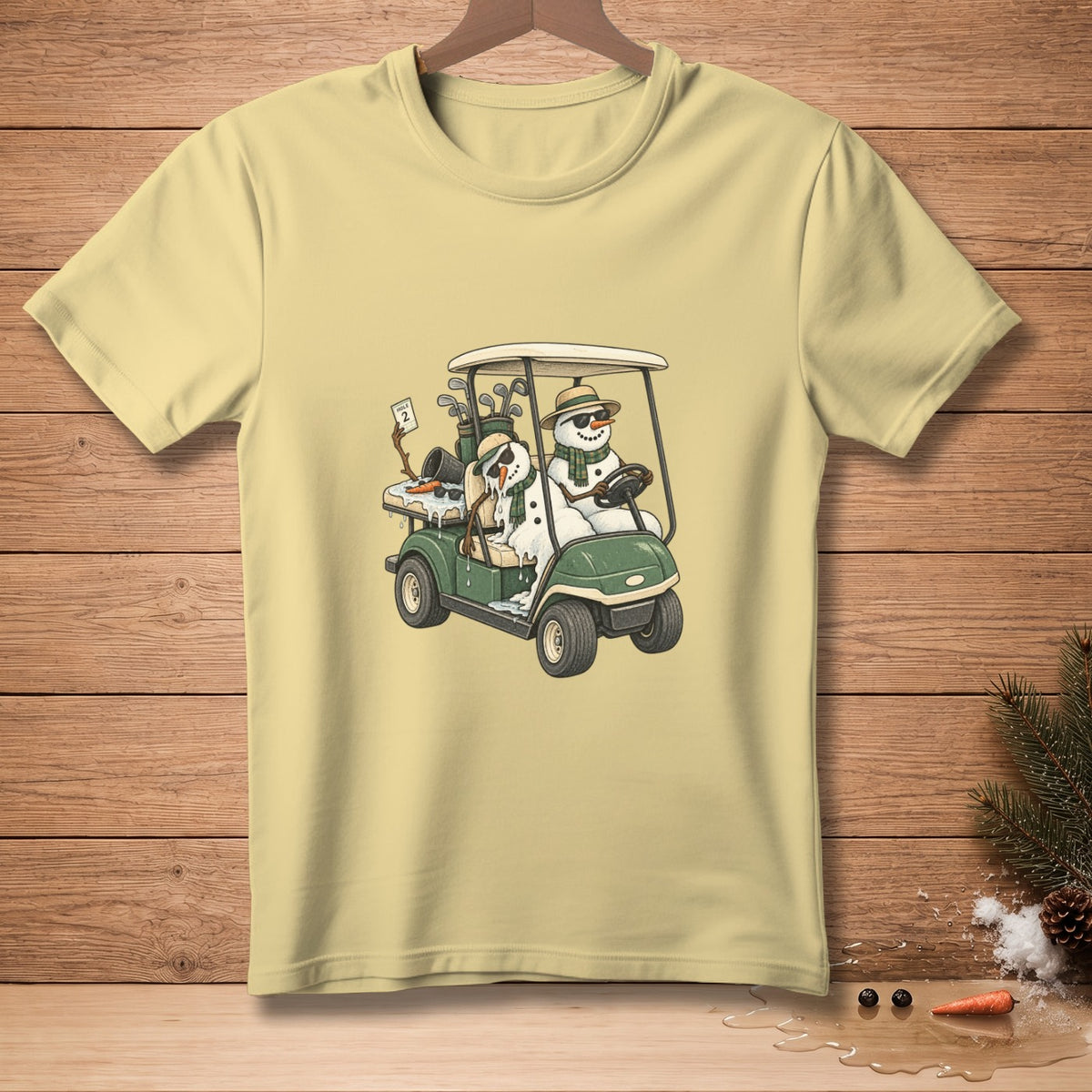 Snowmen driving a golf cart with golf clubs and a "Hole 2" sign.