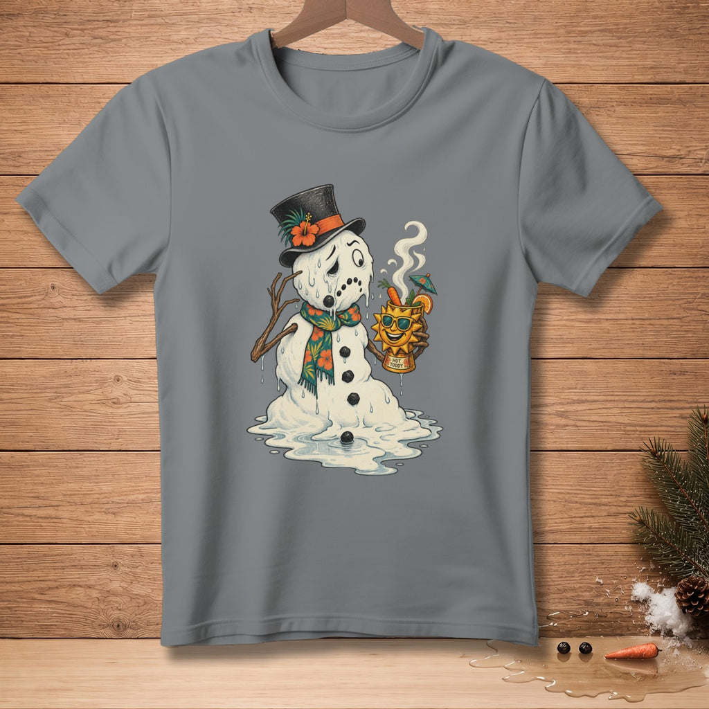 Melting snowman wearing a top hat and scarf, holding a hot toddy.