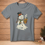 Melting snowman wearing a top hat and scarf, holding a hot toddy.