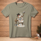 Melting snowman with pie and "DEFENDING CHAMPION" bib.