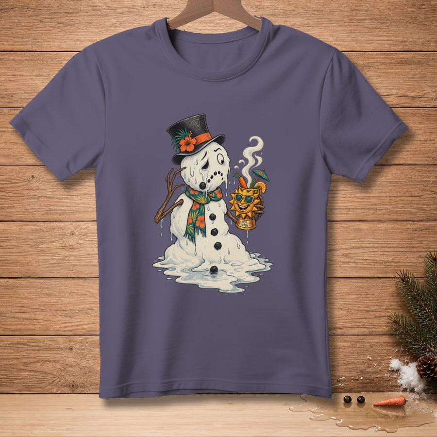 Melting snowman with top hat and scarf holding a hot toddy drink.