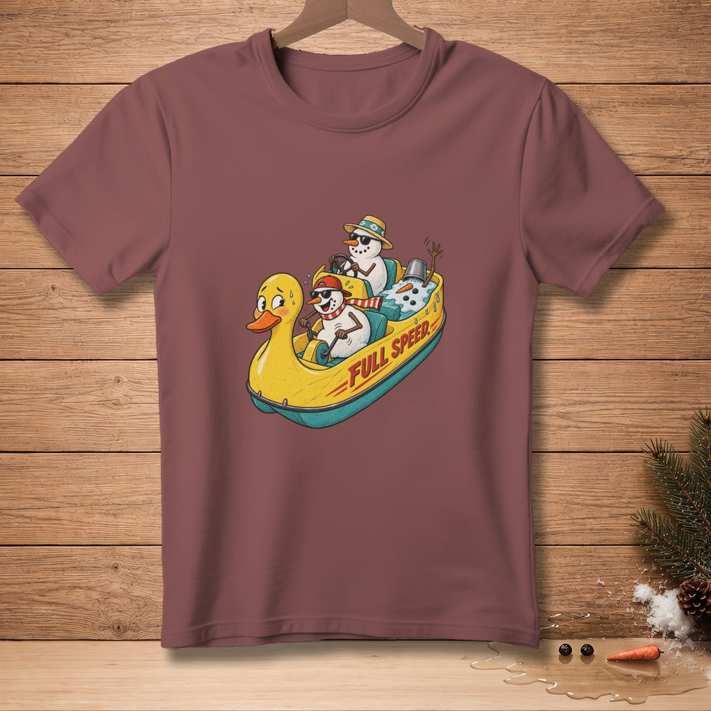 T-shirt graphic of snowmen in a yellow duck-shaped raft with "FULL SPEED" text.